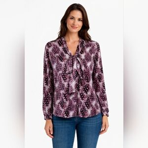 Worthington long sleeve blouse size L Polyester Purple Bow Office Work*